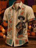 Men's Day Of The Dead Dia‐De‐Muertos Mariachi Skeleton Guitar Bloom Print Short Sleeve Buttons Shirt