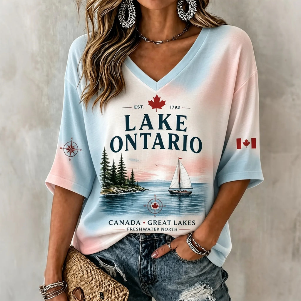 Women's Canada Lake Ontario Print Mid-length Sleeves V-neck T-shirt