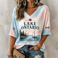 Women's Canada Lake Ontario Print Mid-length Sleeves V-neck T-shirt