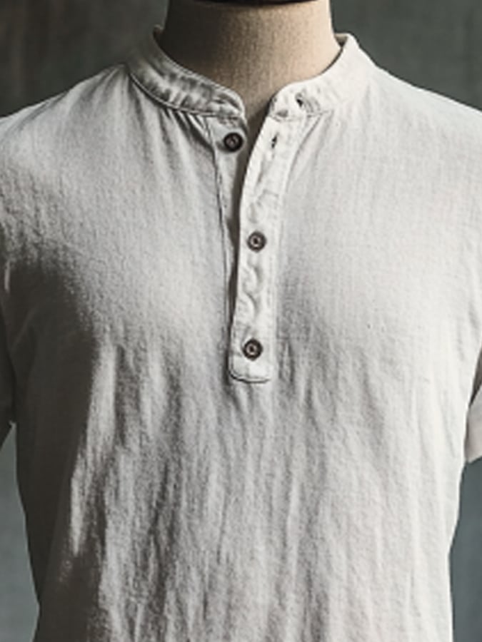 Men's Vintage Premium Distressed Henley Short Sleeve T-Shirt