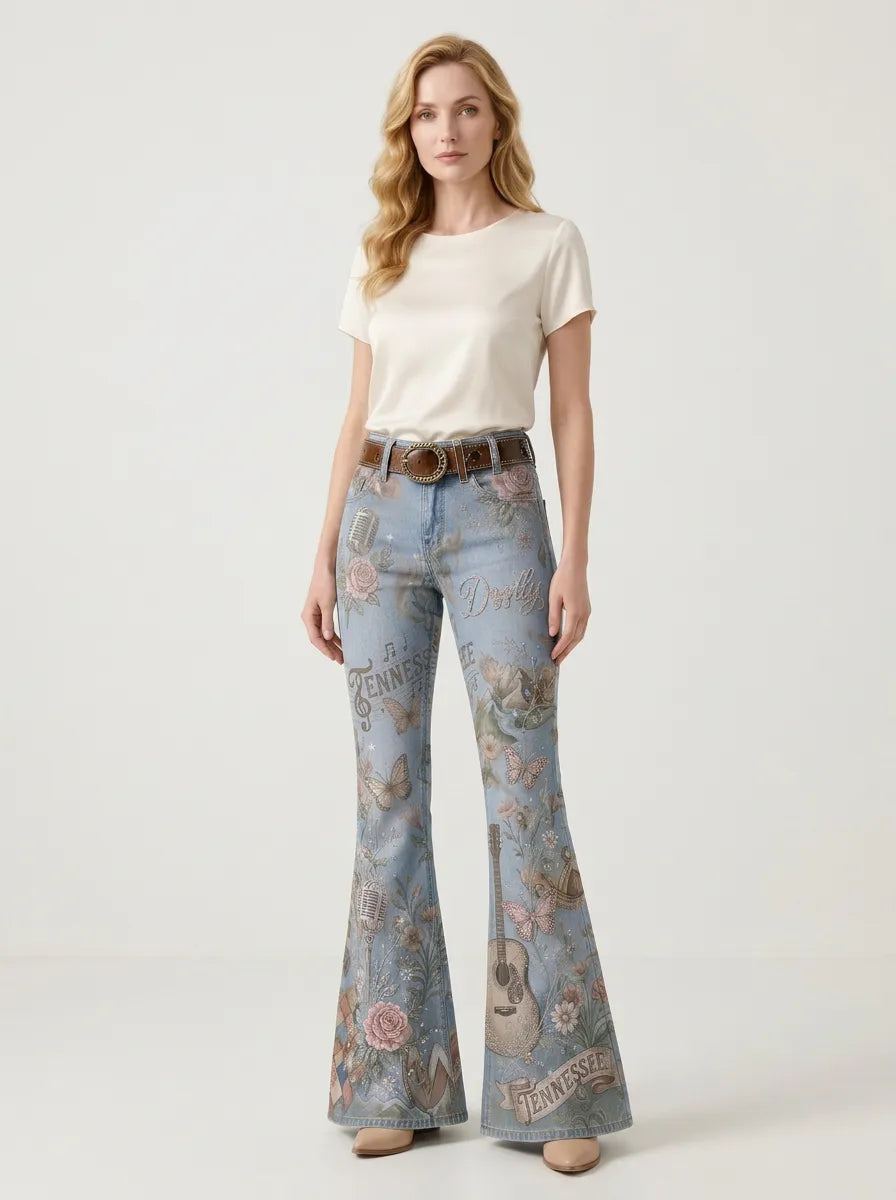 Women's Dolly Parton Country Music Guitar Rose Printed Flare Pants