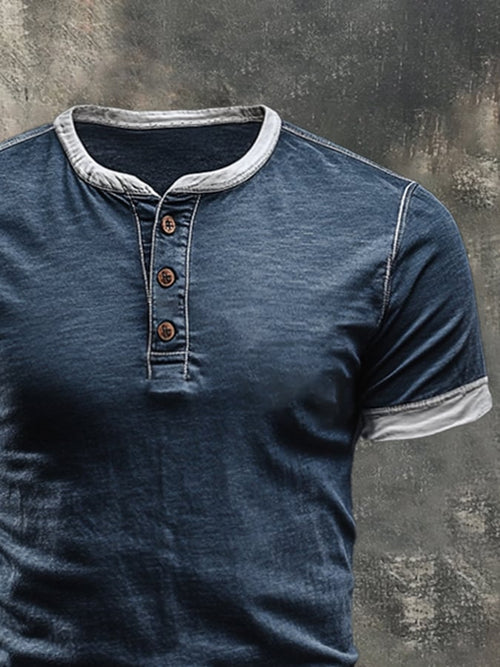 Men's casual retro wash colorblock short sleeve Henley T-shirt