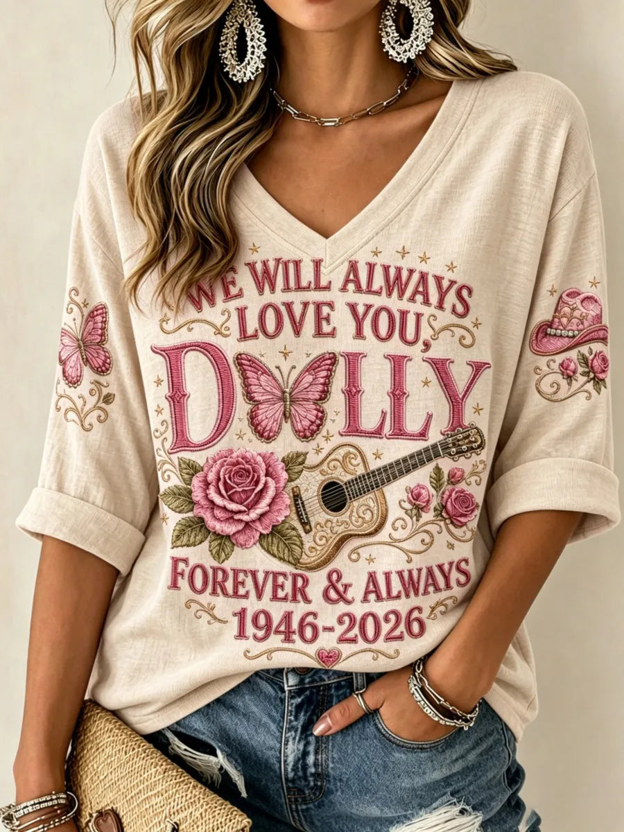 Women'S Commemorative Printed Waffle V-Neck Top