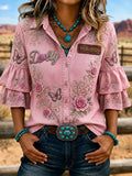 Women's Legendary female country singer Print Casual Ruffle Lapel Shirt