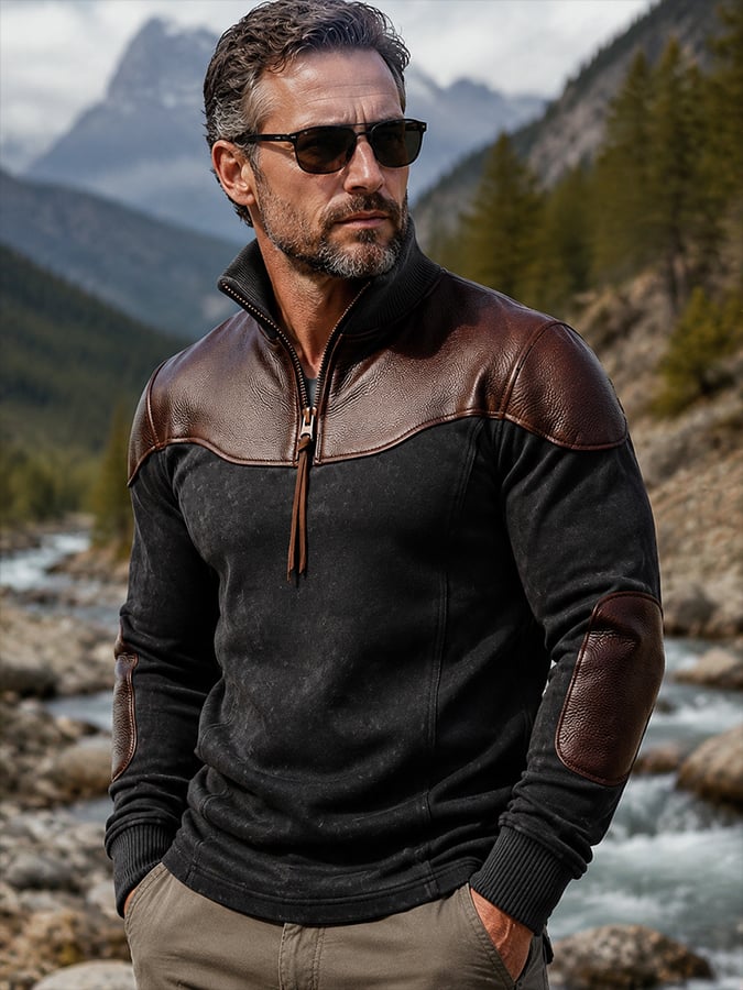 Men's Retro Faux Leather-Panel Comfortable Sweatshirt