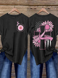 Women's Casual Breast Cancer Ribbon Cross American Flag Print Short Sleeve T-Shirt