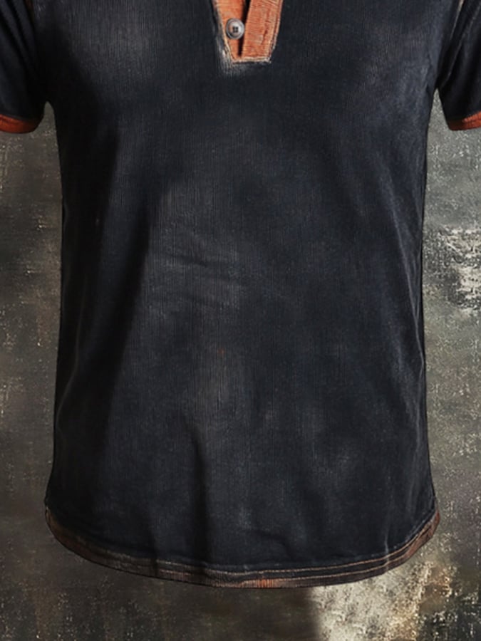 Men's classic casual retro style Henley T-shirt with color block
