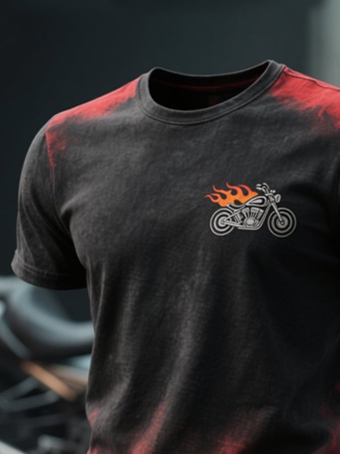 Men's retro gradient flame print round neck short sleeve T-shirt
