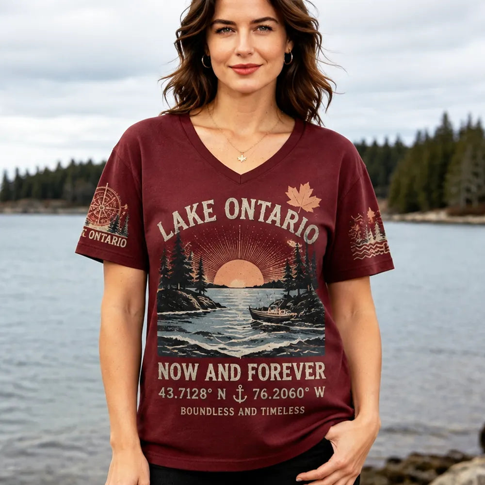 Women's Casual V-neck T-shirt - Lake Ontario, Sunset, Boat, Coordinates & Maple Leaf Print