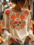 Women's Day of the Dead Sugar Skull and Marigolds Print Lantern Sleeve Top
