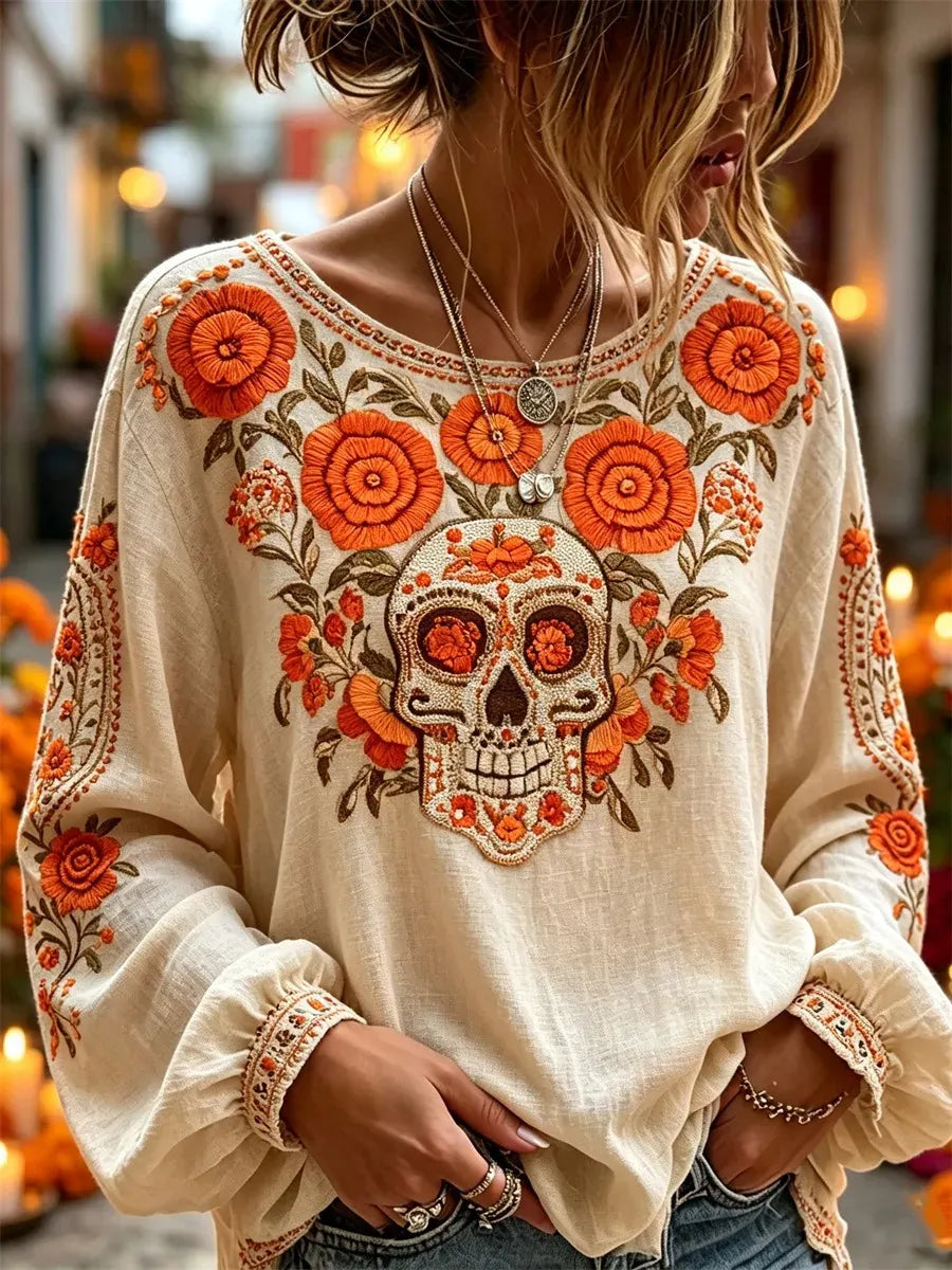 Women's Day of the Dead Sugar Skull and Marigolds Print Lantern Sleeve Top