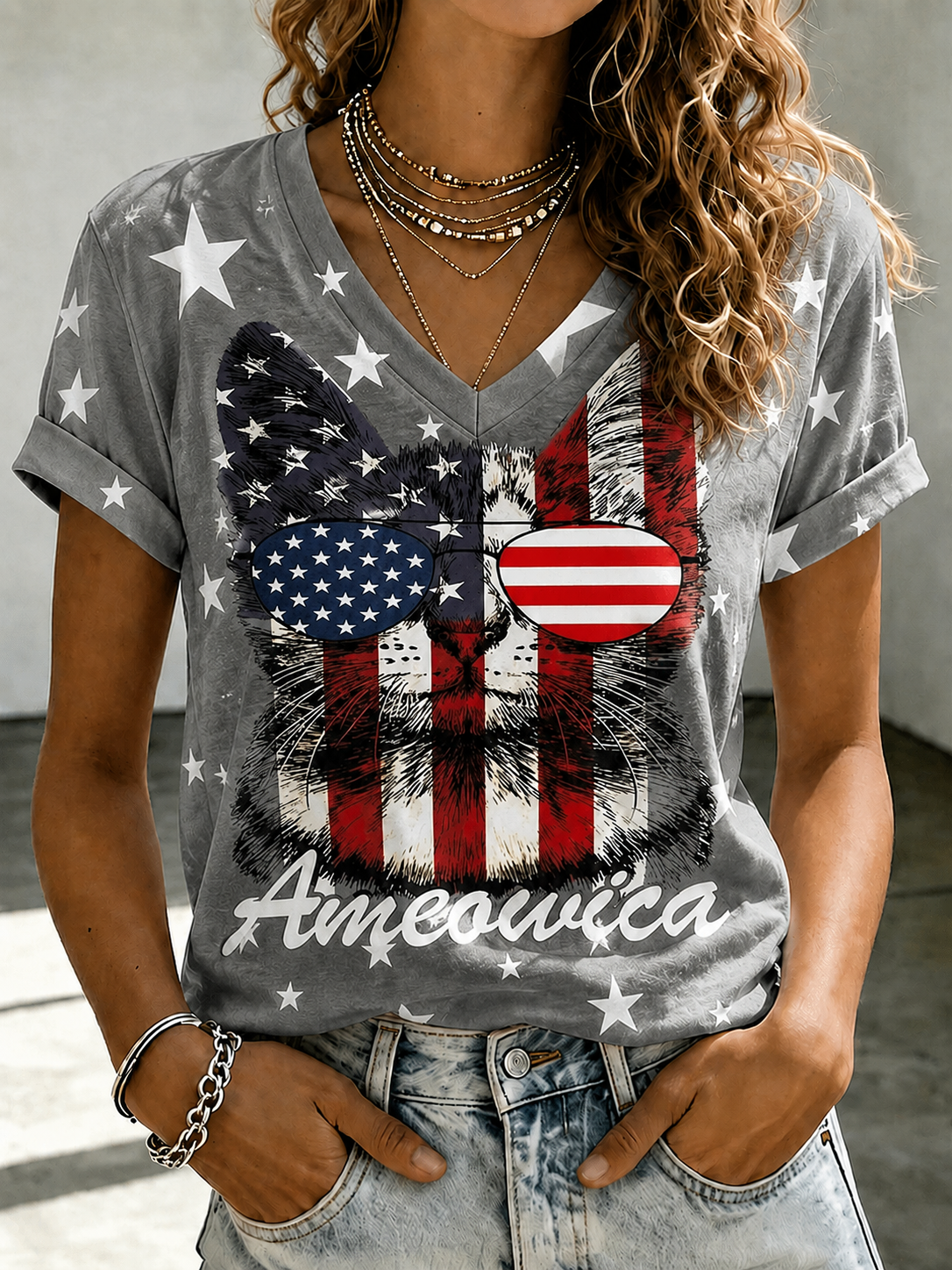 Women'S American Flag Cat Printed Casual T-Shirt
