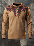 Men's Vintage Waffle-Knit & Leather-Panel Aztec Henley Shirt