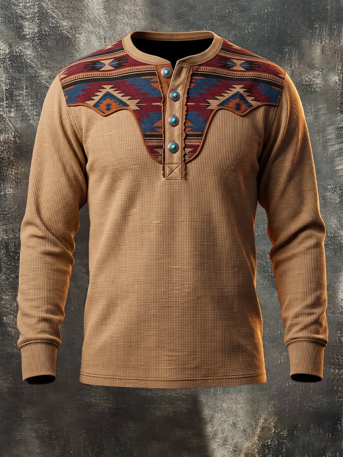 Men's Vintage Waffle-Knit & Leather-Panel Aztec Henley Shirt