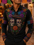 Men's Day Of The Dead Symmetric Sugar‐Skull Sombrero Colorful Banner Floral Print Long Sleeve Shirt
