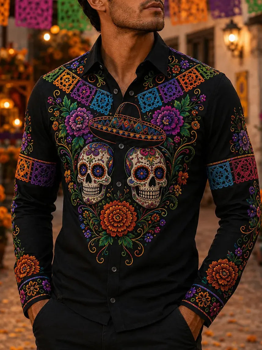 Men's Day Of The Dead Symmetric Sugar‐Skull Sombrero Colorful Banner Floral Print Long Sleeve Shirt