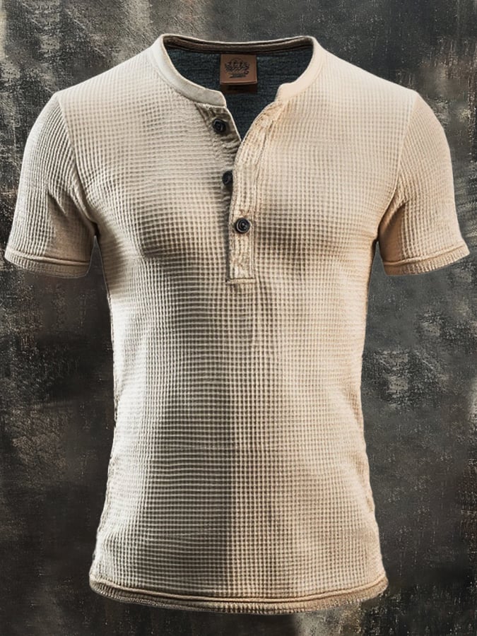 Men's casual waffle-knit colorblock Henley shirt
