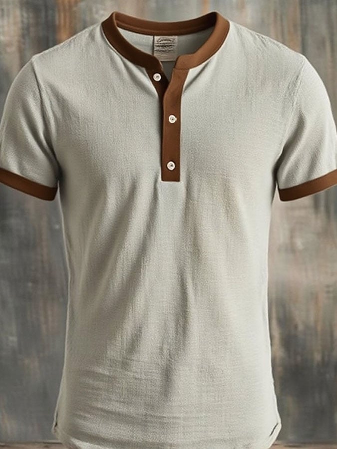 Men's casual retro style Henley shirt with contrast color and short sleeves