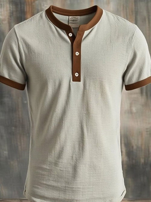 Men's casual retro style Henley shirt with contrast color and short sleeves
