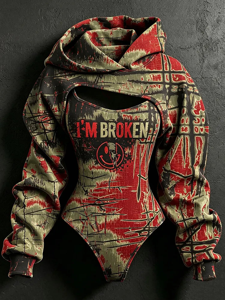 Women's Retro Color Block "i'm Broken" Print Sweatshirt Two-piece Set