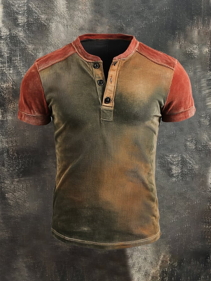 Men's Washed Colorblock Cotton Casual Henley Short Sleeve T-Shirt