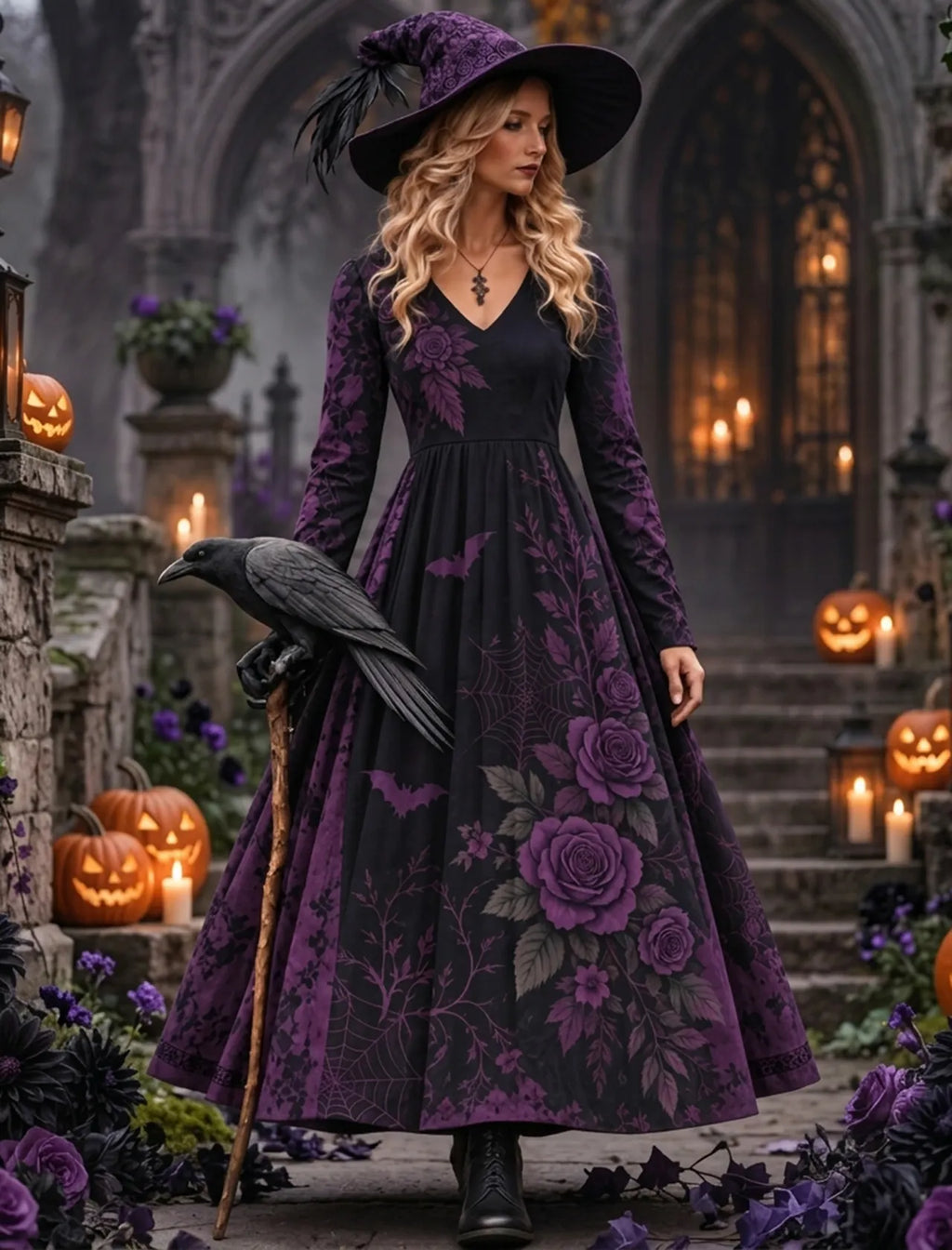 Women's Vintage Halloween Purple Rose Art Comfy Maxi Dress