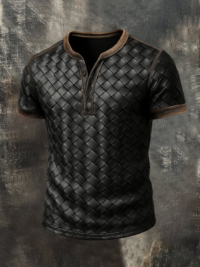 Men's Retro Plaid Colorblock Casual Henley Short Sleeve T-Shirt