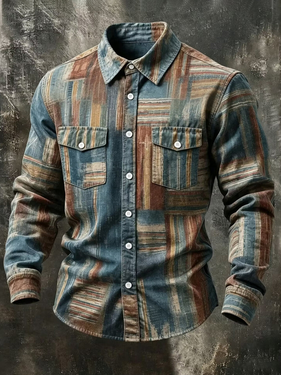 Men's Muted Stripes And Irregular Blocks Print Pockets Long Sleeve Shirt