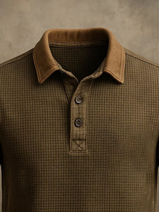 Men's casual short-sleeved waffle-print colorblock polo shirt