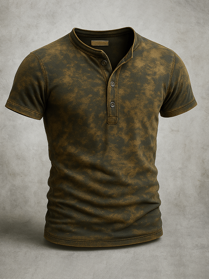 Men's Basic Casual Vintage Washed Distressed Short Sleeve T-Shirt with Henry Collar