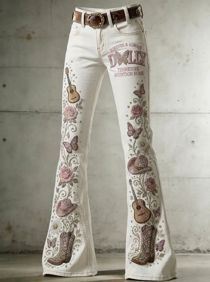 Women's Dolly Parton Guitar Butterfly Rose Printed Flare Jeans