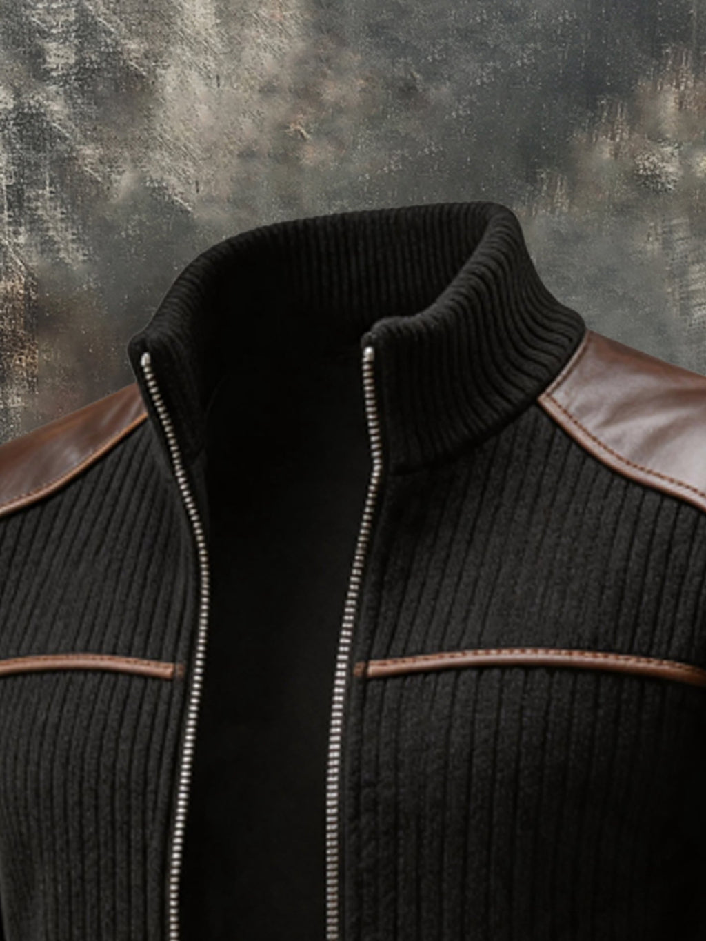 Men's Retro Leather-Panel Zip-Up Stand-Collar Jacket