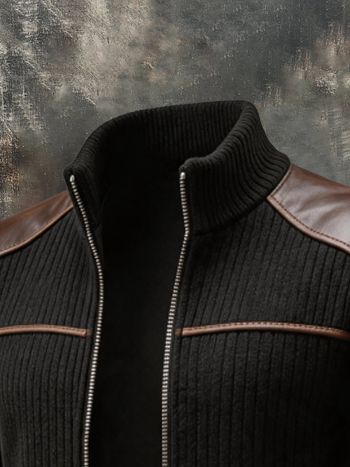 Men's Retro Leather-Panel Zip-Up Stand-Collar Jacket