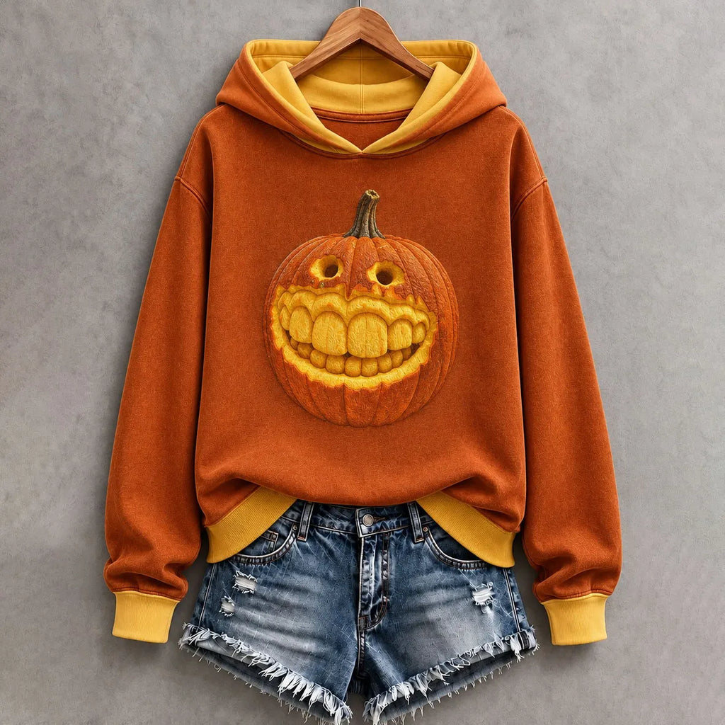 Women's Halloween Fun Steel Teeth Pumpkin Face Print Hoodie