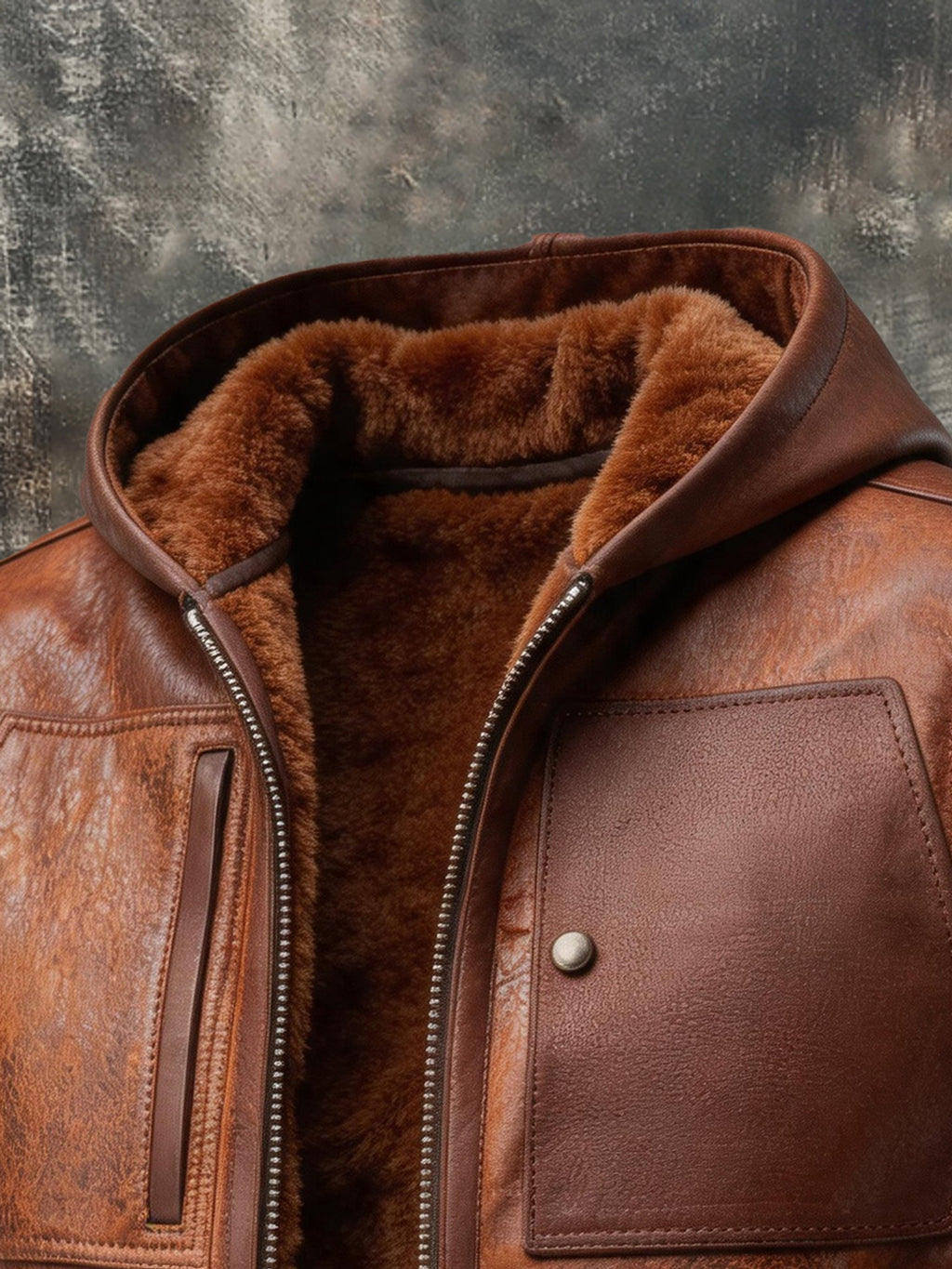 Men's Vintage Distressed Leather Hooded Vest with Fleece Lining