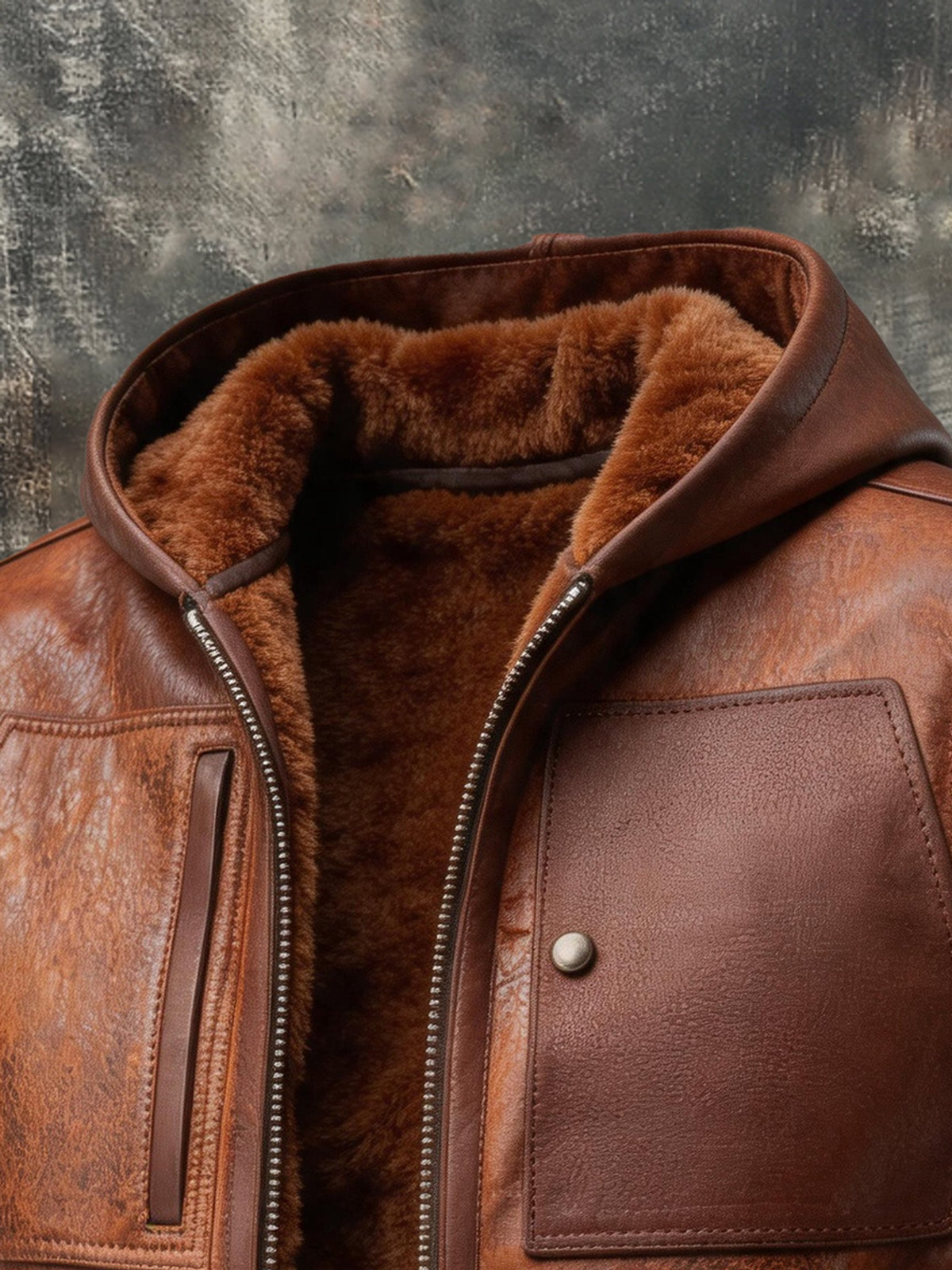 Men's Vintage Distressed Leather Hooded Vest with Fleece Lining