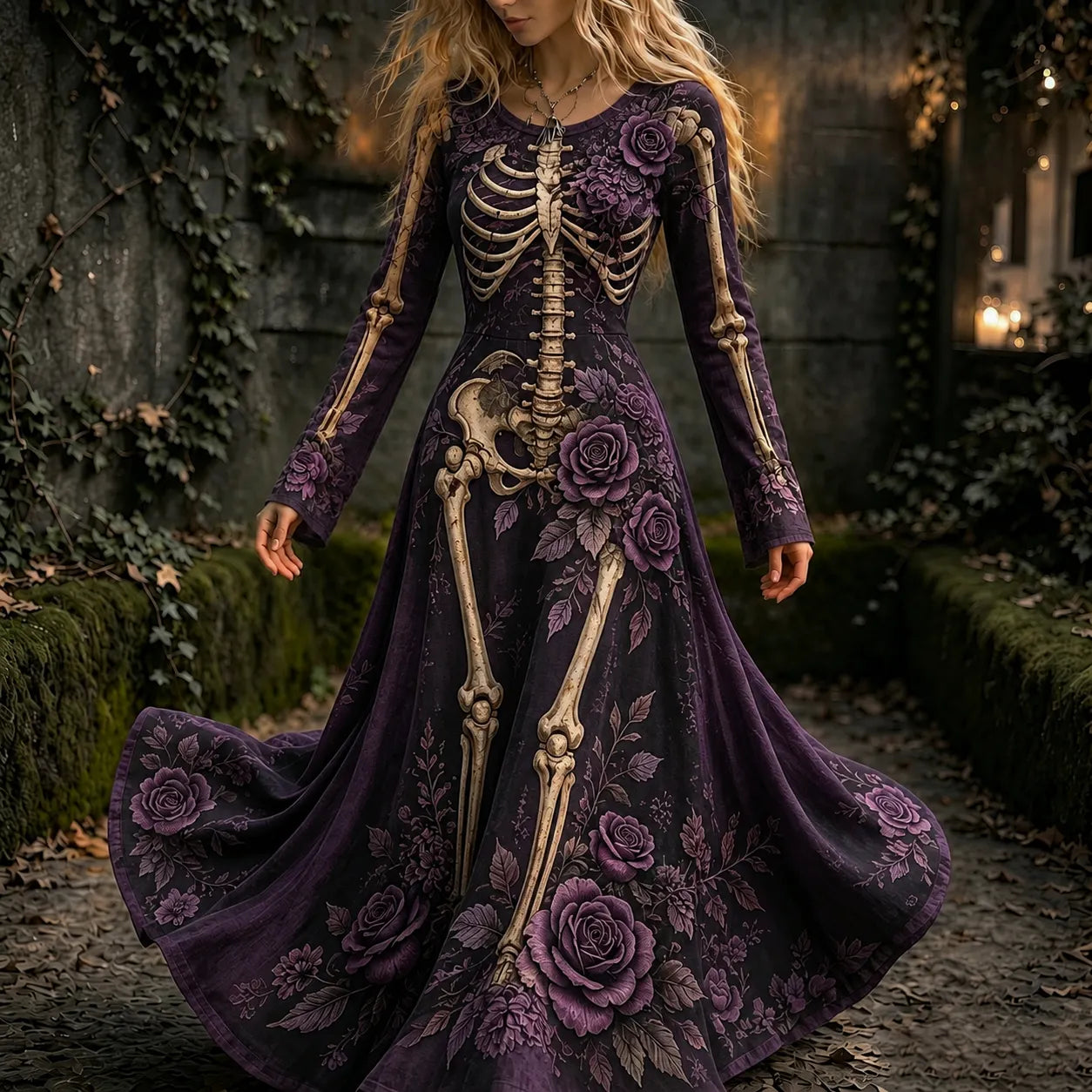 Women's Retro Halloween Gothic Skeleton And Purple Rose Flowers Pattern Print Maxi Dress