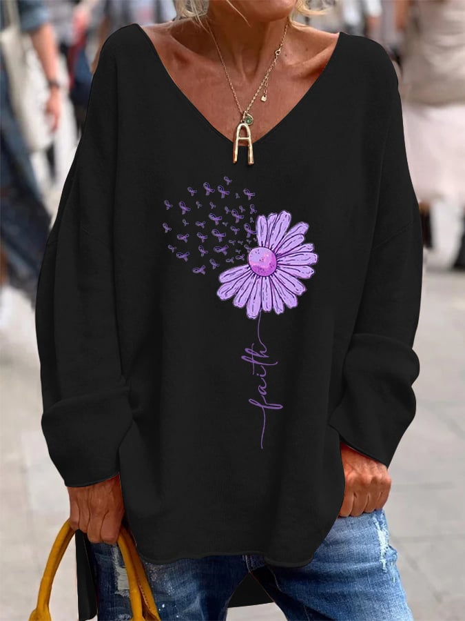 Women's Purple Alzheimer's Awareness Sunflower Faith V-Neck Top