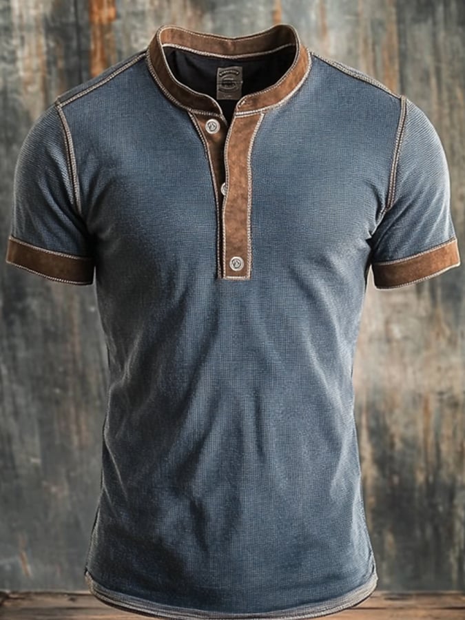 Men's casual retro style Henley shirt with contrast color and short sleeves