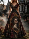 Women's Gothic Portrait In Vintage Frame & Red Roses Short Sleeve Maxi Dress