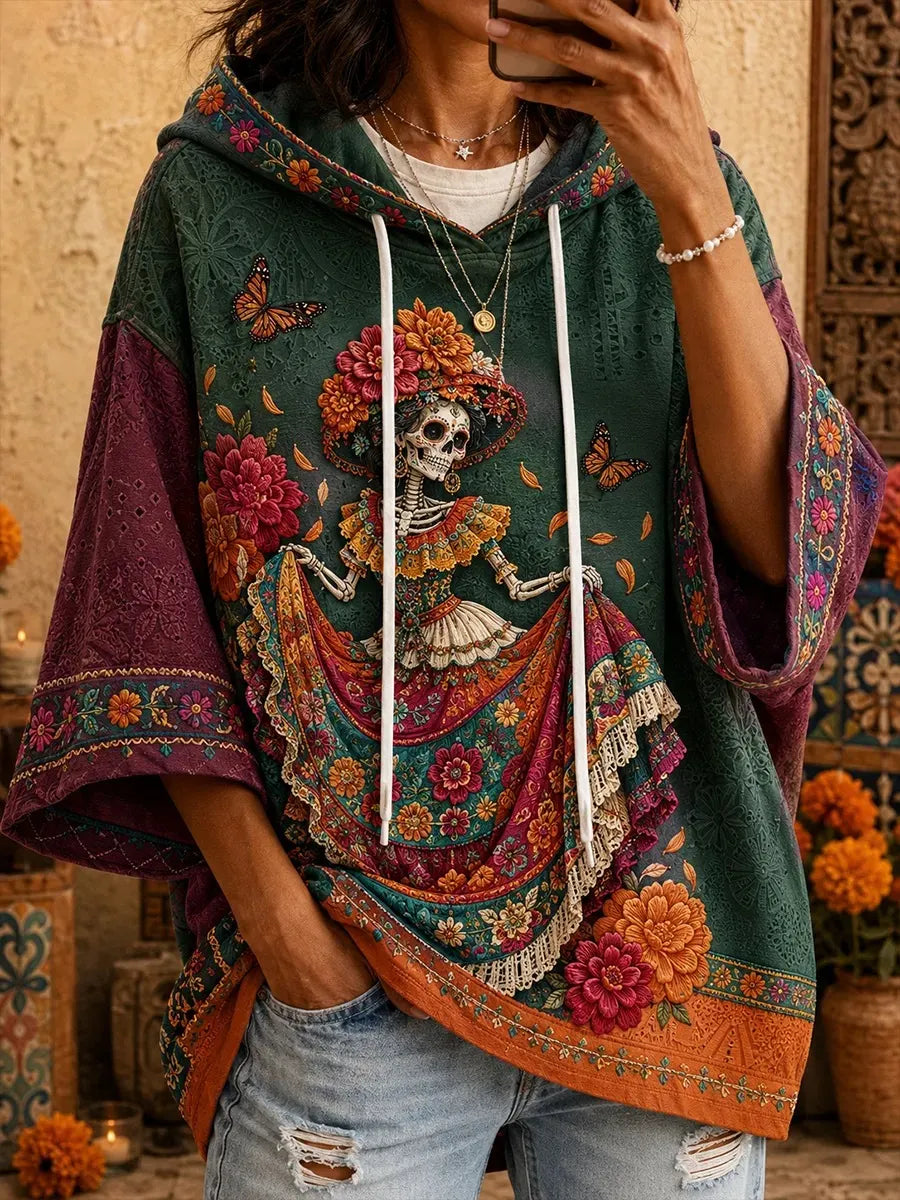 Women's Day Of The Dead Dancing Skeleton Butterfly Print Three-Quarter Sleeves Hoodies