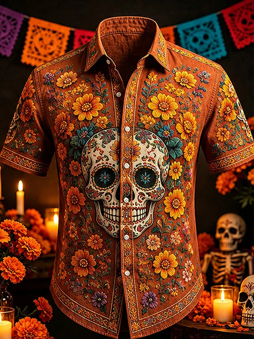 Men's Day Of The Dead  Sugar Skull and Marigold Print Short Sleeve Buttons Shirt
