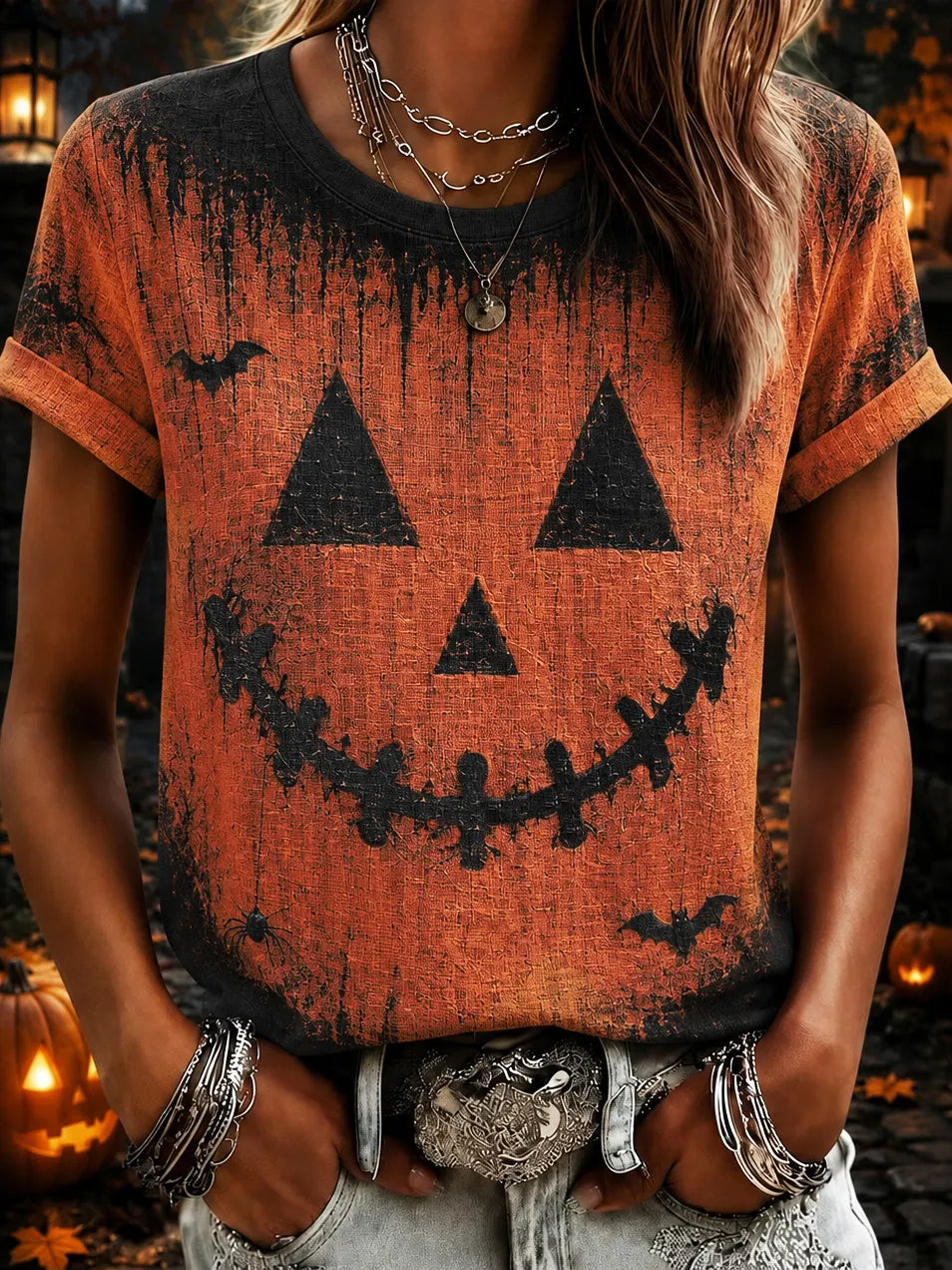 Women's Halloween Pumpkin Face Art Print T-shirt
