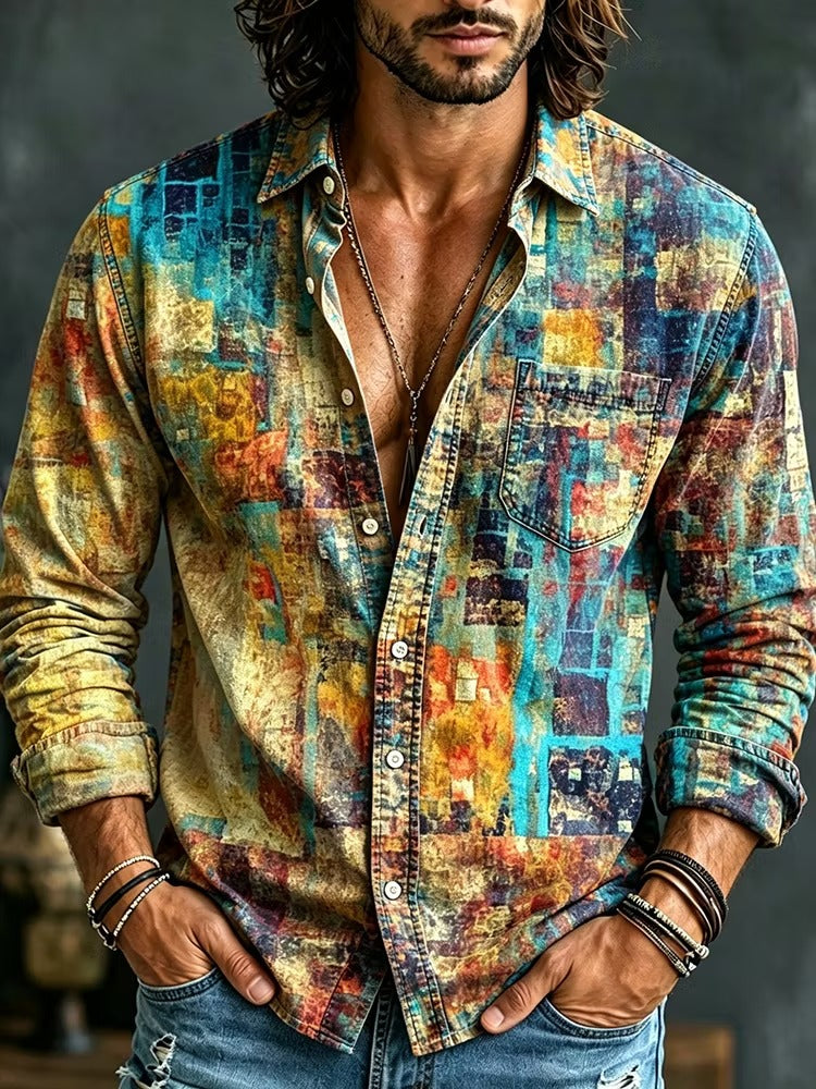 Men's Patchwork Bright Hues In Irregular Square Print Long Sleeve Pocket Shirt