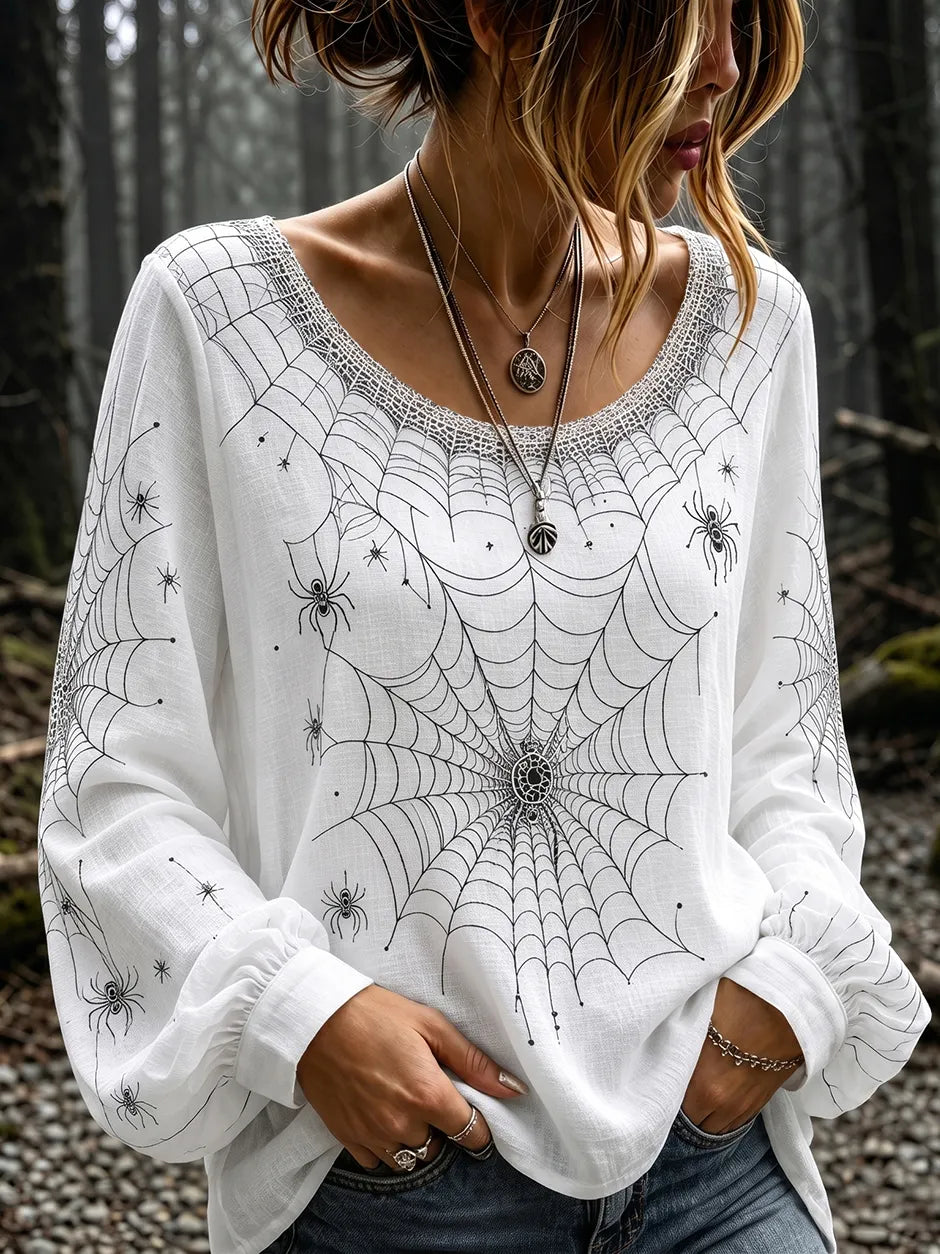 Women's Vintage Halloween Spider And Web Embroidery Art Crew Neck Long Sleeve T-shirt