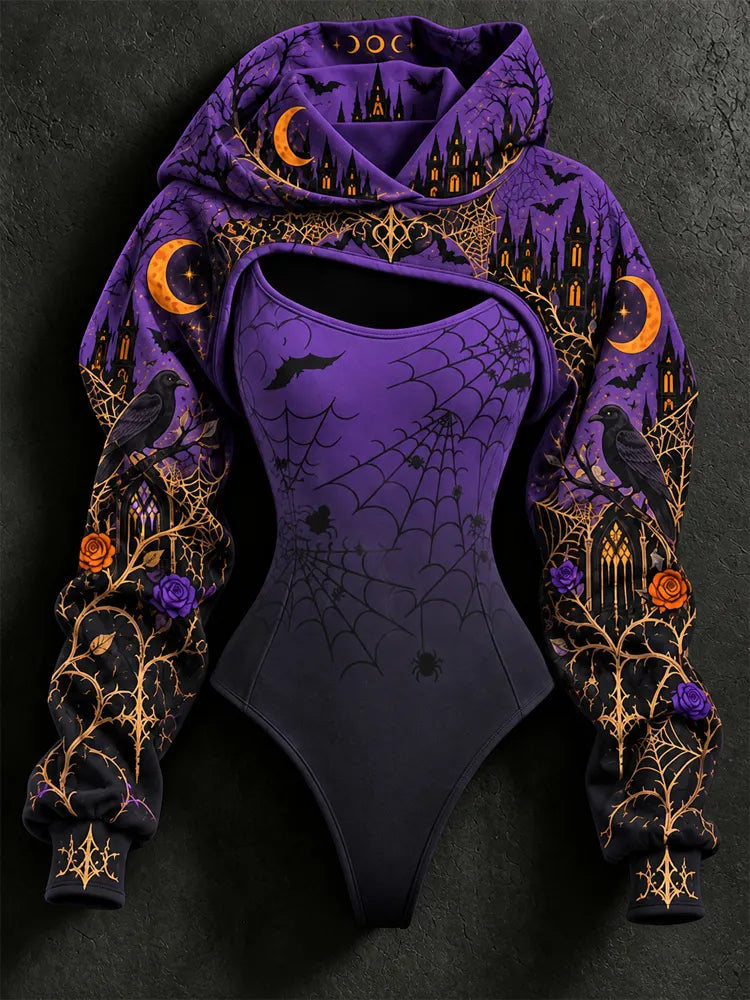 Women's Halloween Gothic Spiderweb And Crow Print Hoodie Two-piece Set