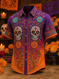Men's Day Of The Dead Dual Skull Symmetric Vibrant Floral Vine Print Short Sleeve Buttons Shirt