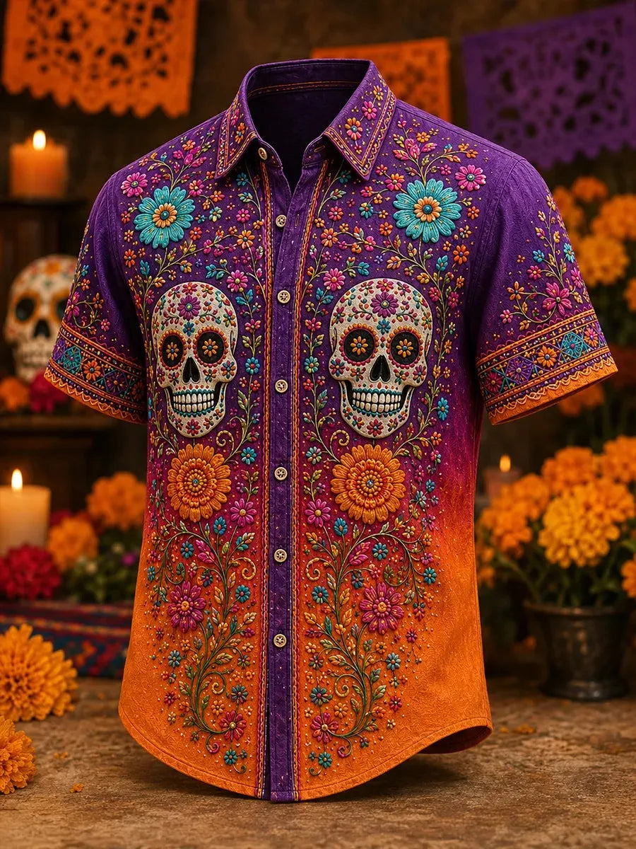 Men's Day Of The Dead Dual Skull Symmetric Vibrant Floral Vine Print Short Sleeve Buttons Shirt