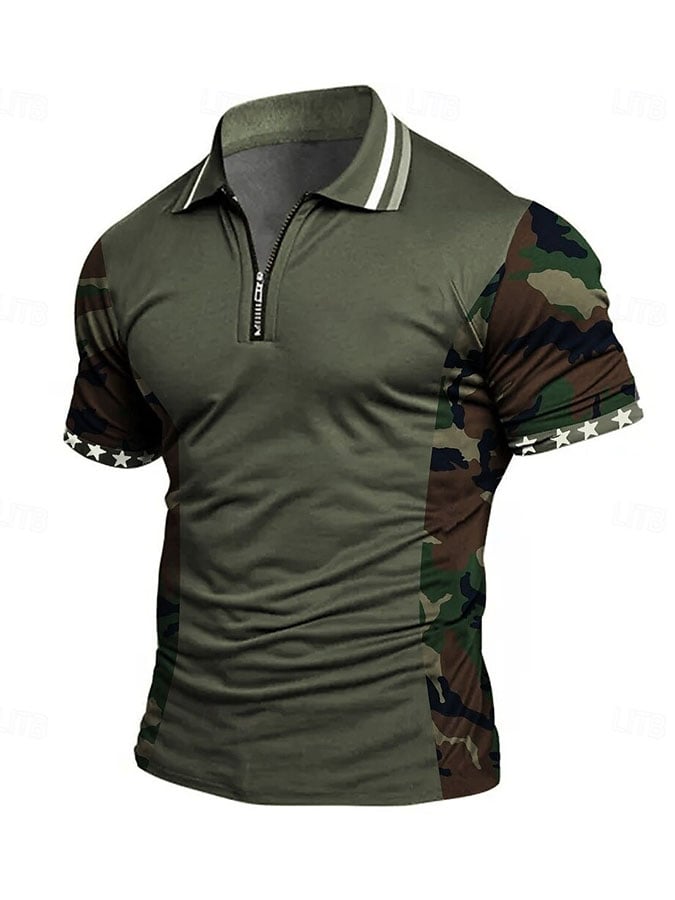 Men's casual penguin zip-up color-block polo shirt
