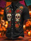 Men's Day Of The Dead Symmetrical Painted Skulls And Curving Floral Vines Print Short Sleeve Buttons Shirt